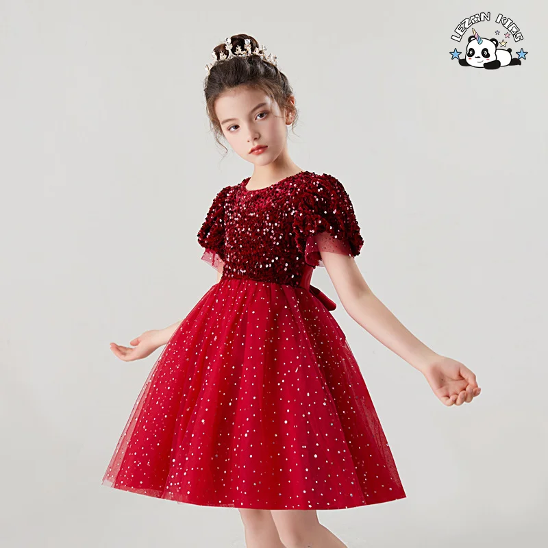 LEZONKIDS - Vestido de Manga Curta para Meninas, Vestido de Gala com Lantejoulas, Poncho de Gaze, Saia Curta e Doce Saia de Princesa